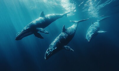 Fototapeta premium Three whales swimming underwater in sunlit ocean.