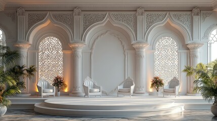 Naklejka premium Magnificent Palace Interior: A Serene and Elegant Architectural Masterpiece with Ornate Details and Luxurious Decor