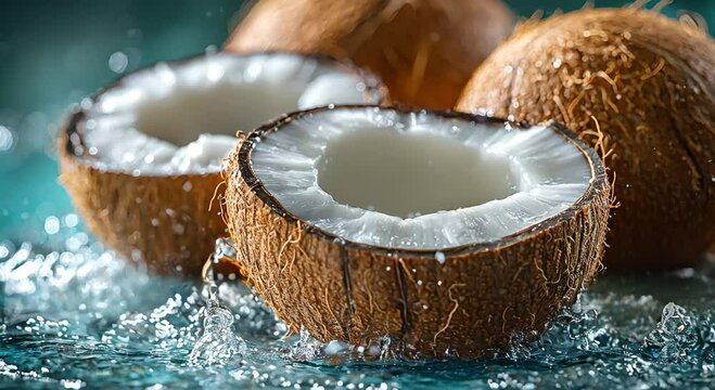 Fresh coconut halves surrounded by splashing water, highlighting tropical freshness.