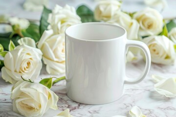 Fototapeta premium White Ceramic Mug Surrounded by Fresh White Roses on Marble Surface, Mug mockup