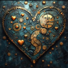 Steampunk Heart with Gears and Cogs in Bronze and Turquoise Design