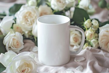 White Mug Surrounded by Fresh White Roses on Soft Fabric Background, Mug mockup
