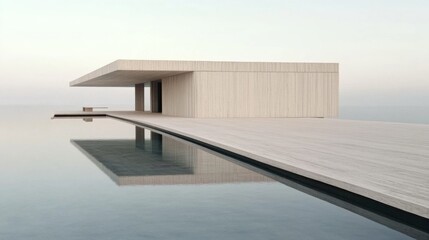Obraz premium Minimalist modern house with infinity pool reflecting serene sky.