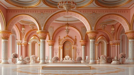 Fototapeta premium Magnificent Palace Interior: A Royal Hall of Pink and Gold. Opulent design, grand architecture, and exquisite details create a breathtaking atmosphere of luxury and elegance.