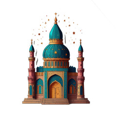 A stylized illustration depicts a beautiful mosque with a teal dome, golden accents, and minarets, surrounded by golden stars.