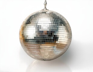 Fototapeta premium disco ball isolated on white background, Close-up of shiny disco ball over dance floor full of dancing people, blurred background