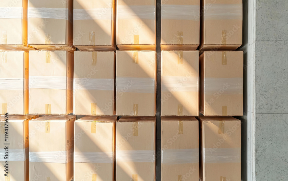 Poster organized cardboard boxes arranged systematically in bright space