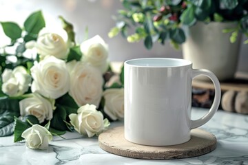 Blank White Coffee Mug Next to Fresh Roses and Elegant Backdrop, Mug mockup