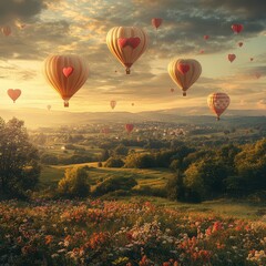 Obraz premium Romantic Hot Air Balloons Over a Scenic Landscape at Sunset