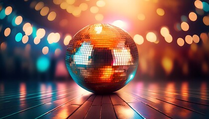 disco ball with disco lights, Close-up of shiny disco ball over dance floor full of dancing people, blurred background