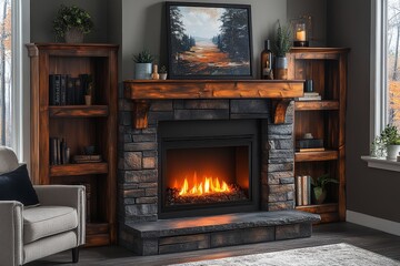 Sleek Electric Fireplace with Built-In Bookshelves and Stone Texture, Perfect for Warm and Stylish Living Room Decor