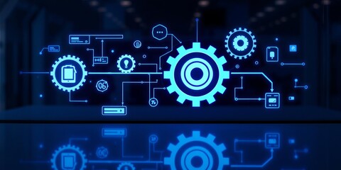 Obraz premium Digital display with gears icon reflecting concept of workflow optimization, automation, robotic process automation, and process management, digital display, gears, digital transformation