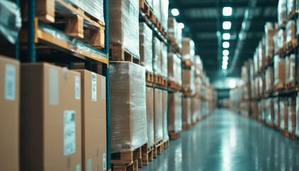 Fototapeta premium close up of pallet loaded with goods in warehouse, showcasing organized storage and efficient logistics
