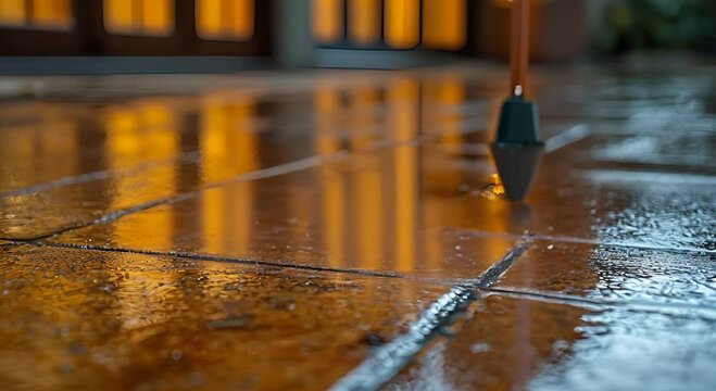 A close-up of a wet floor being cleaned with a squeegee, reflecting warm light.
