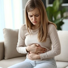 Woman holding stomach in pain home emotional expression bright indoor environment close-up view health awareness