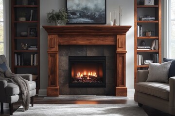 Sleek Electric Fireplace with Built-In Bookshelves and Stone Texture, Perfect for Warm and Stylish Living Room Decor