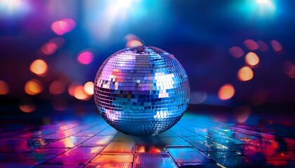 Obraz premium disco ball with lights, Close-up of shiny disco ball over dance floor full of dancing people, blurred background