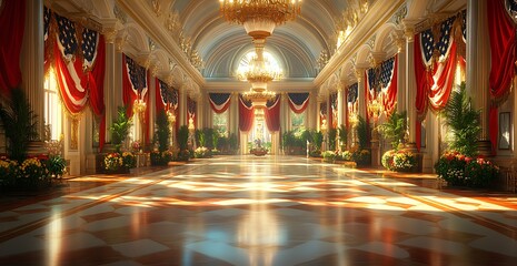 Fototapeta premium A Large Hall with a Chandelier and Flags