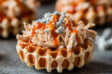 Mini pizza waffle with chicken, buffalo sauce, and crumbled blue cheese. (Generative AI)