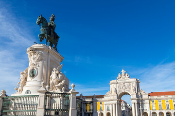 Views of Historic Praca do Comercio or Commerce Square and arch of the Rua Augusta in the...