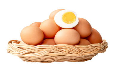 Large group of raw brown chicken eggs and peeled cooked or boiled eggs with egg yolk in half in stack in wicker basket isolated with clipping path in png file format