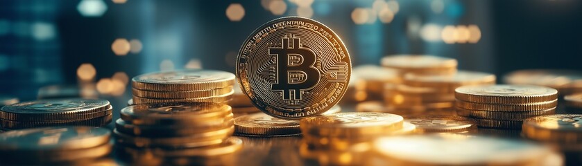 The Bitcoin cryptocurrency coin on a surreal landscape.