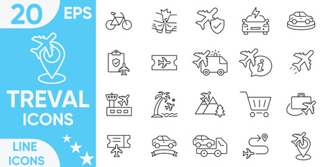 Travel Icon set.Adventure, landmarks, journey, culture, vacation, nature, Airport, tickets, tour, relax, hotel, recreational, destinations, essentials and more.Vector and illustrator set.