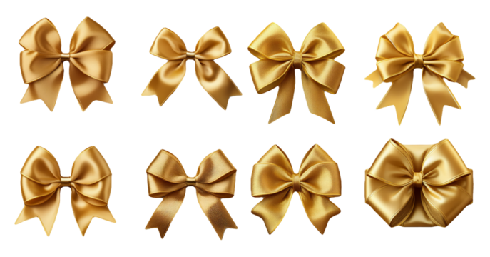 Various gold ribbon bows tied in different ways for gift wrapping isolated on transparent background