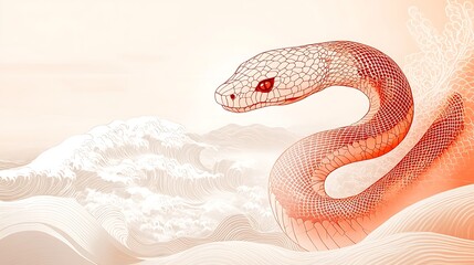 Fototapeta premium A minimalist snake silhouette layered over intricate Japanese Seigaiha wave patterns, soft pastel colors blending harmoniously, smooth texture contrasts, glowing ambient light,