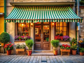 Fototapeta premium Charming Shopfront Daylight, Quaint Awning, Welcoming Entrance, Small Business, Retail Store