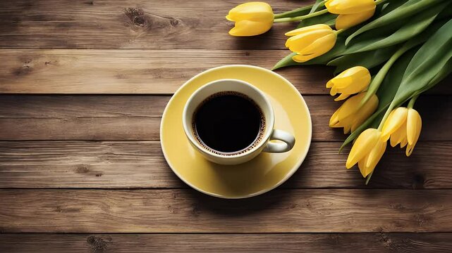 Yellow tulips alongside warm coffee cup beautifully arranged rustic wooden table Perfect setup cozy top view image