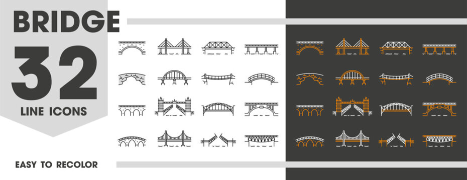 Bridge line icons for architecture, building or transportation and construction, vector symbols. Different bridge types and constructions of drawbridge for highway road or pedestrian link over river