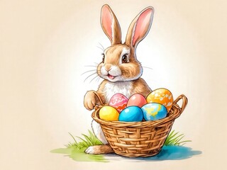 Cute bunny holding easter colorful eggs basket. 
