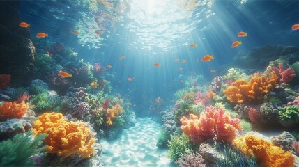 A mesmerizing underwater scene showcasing a vibrant coral reef teeming with colorful marine life. Sunlight filters through the crystal-clear water, illuminating the reef and golden fish swimming