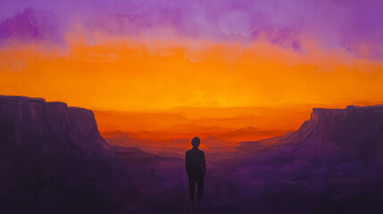 Silhouette Overlooking a Scenic Sunset with Dramatic Mountains and Colorful Sky