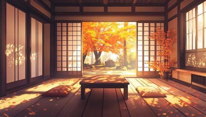 Fototapeta premium Autumn Sunlight Streams Through Shoji Screens into a Serene Japanese Room, Illuminating Wooden Floors and Cushions