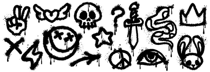 Grunge graffiti paint, ink spray vector icons set. Black urban and street culture elements. Snake, skull, crown and rabbit head, lightning bolt, question mark and winged heart. Eye, star and cross © Vector Tradition