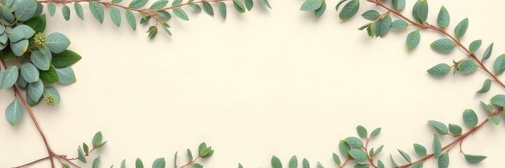 Fototapeta premium Elegant frame constructed from eucalyptus branches arranged in a flat lay top view, web design, flat lay, concept