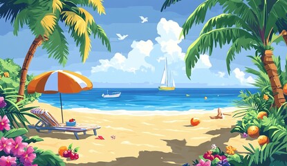 Obraz premium Tropical Beach Paradise: Relaxing Under Palm Trees by Ocean Waves with Sailboat, Sun, and Sand