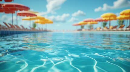 A close-up of the water in a swimming pool with subtle ripples, reflecting the vibrant colors of beach umbrellas and nearby surroundings in the clear, calm water.