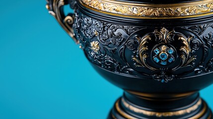 Artistic representation of a metal trophy adorned with stone accents, revealing meticulous craftsmanship in every curve and facet. The close-up shot captures the interplay of light and shadow, making