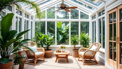 Sunlit Conservatory With Rattan Chairs And Lush Greenery