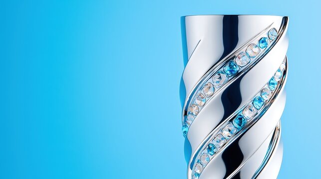 Artistic representation of a metal trophy adorned with stone accents, revealing meticulous craftsmanship in every curve and facet. The close-up shot captures the interplay of light and shadow, making