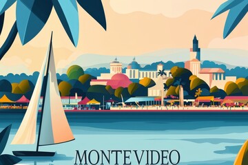 Lively depiction of Montevideo showcasing its coastal Rambla, historic Ciudad Vieja, and vibrant markets in warm pastel tones reflecting its relaxed culture..
