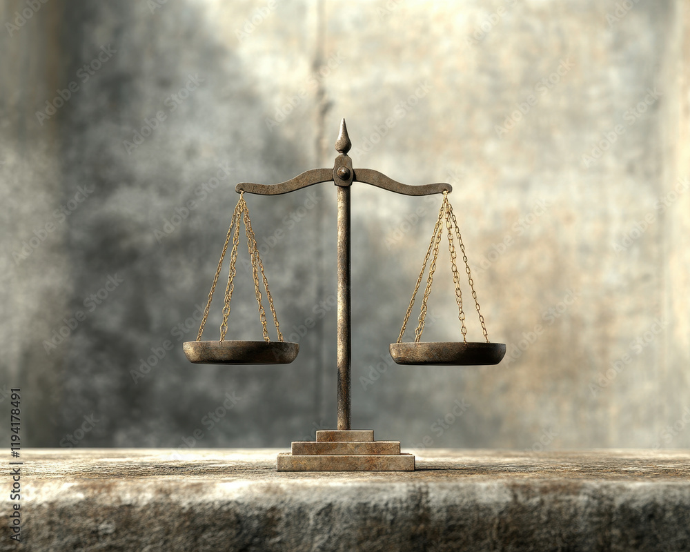 Poster conceptual representation of justice with balanced scale symbolizing law and order. image evokes sen