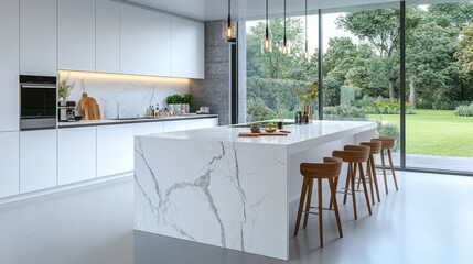 A spacious modern kitchen with a large quartz countertop island, pendant lighting overhead, and clean white cabinetry, set against a backdrop of floor-to-ceiling windows with a view of a garden.