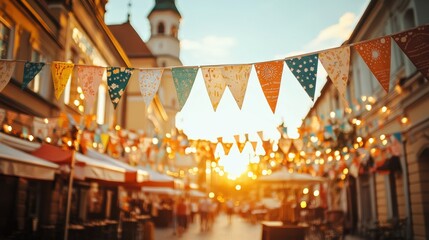 Obraz premium Vibrant Street Market with Colorful Bunting and Warm Sunlight, Perfect for Festival or Celebration Themes