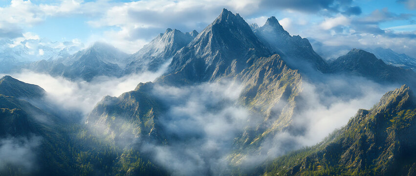 Majestic mountain peaks shrouded in mist, aerial view. Nature background for travel - Powered by Adobe