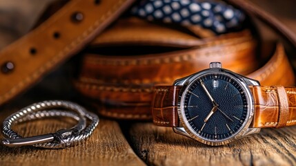 Elegant leather strap watch with belt and silver bracelet
