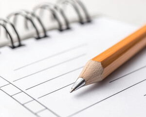 close up of wooden pencil resting on blank notepad with spiral binding, ready for notes